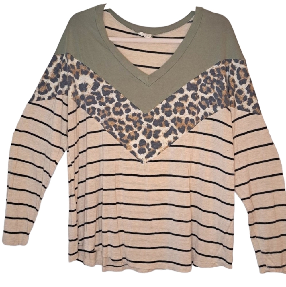 Lovely Melody Clolorblock Long Sleeve Drop Shoulders Leopard Print Shirt Size XL
